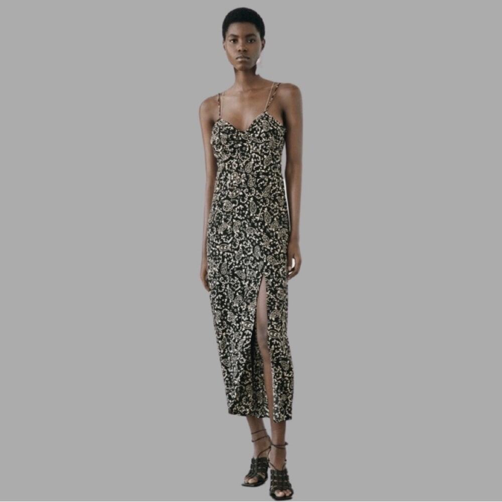 ZARA Paisley Printed Chain Strap Maxi Dress Black White Small S